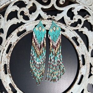 Myra Bag Long Turquoise and Brown Beaded Fringe Earrings